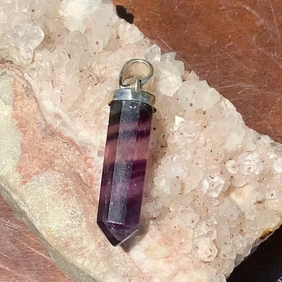 MULTI COLOR RAINBOW FLUORITE 925 STERLING SILVER POINT PENDANT - Picture 1 of 5